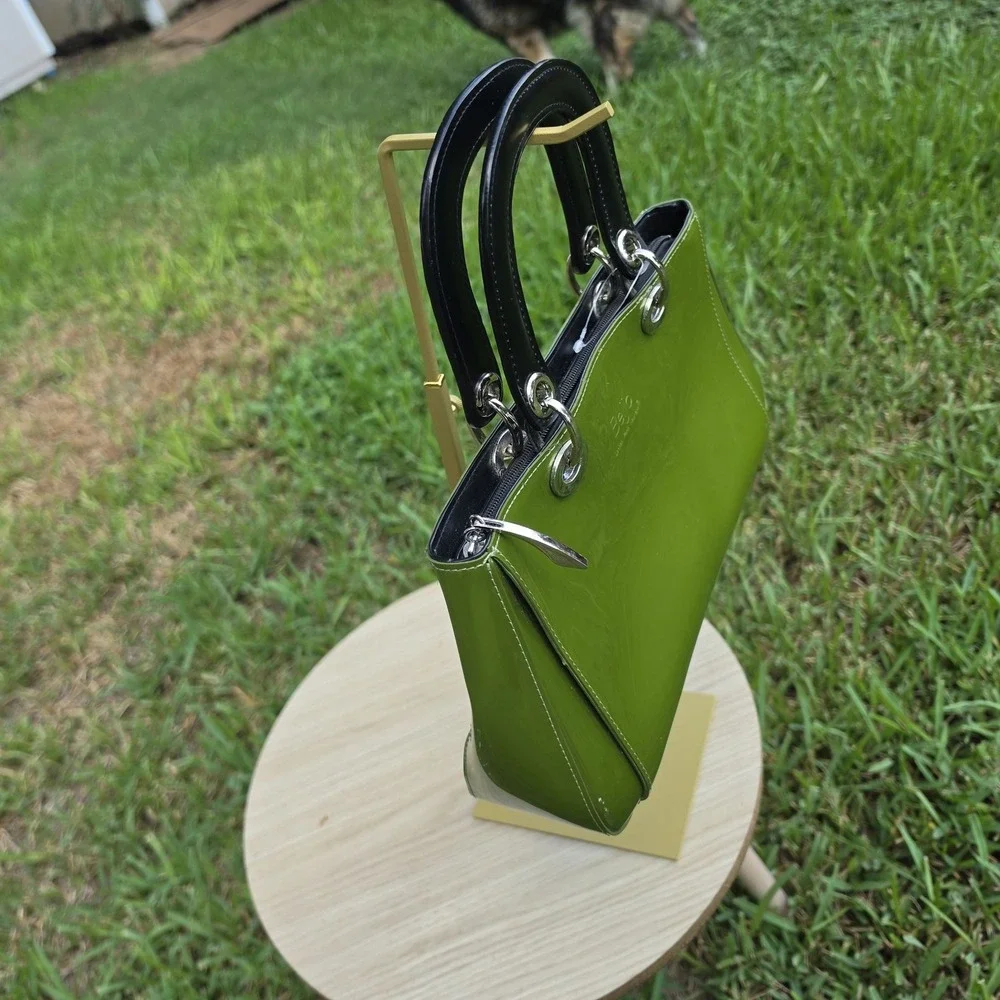 Beijo Lime Green Patent Leather Satchel Bag Black Handles Silver Hardware